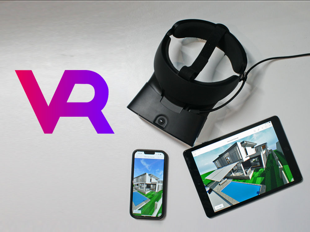 Flatlay of VR headset with iPad and iPhone